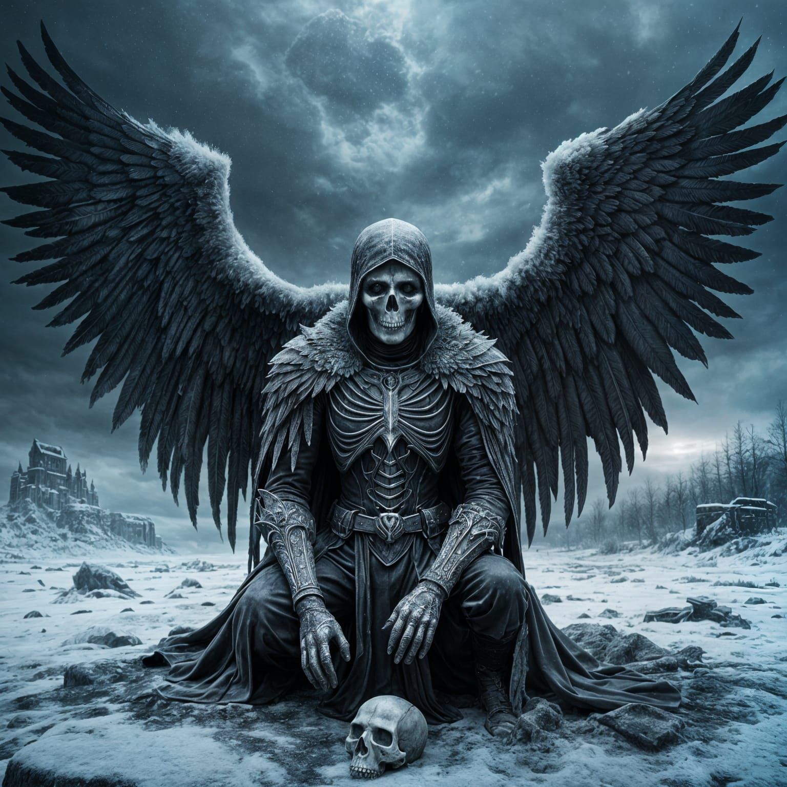 Sorrowful Dark Angel in Frozen Gothic Landscape