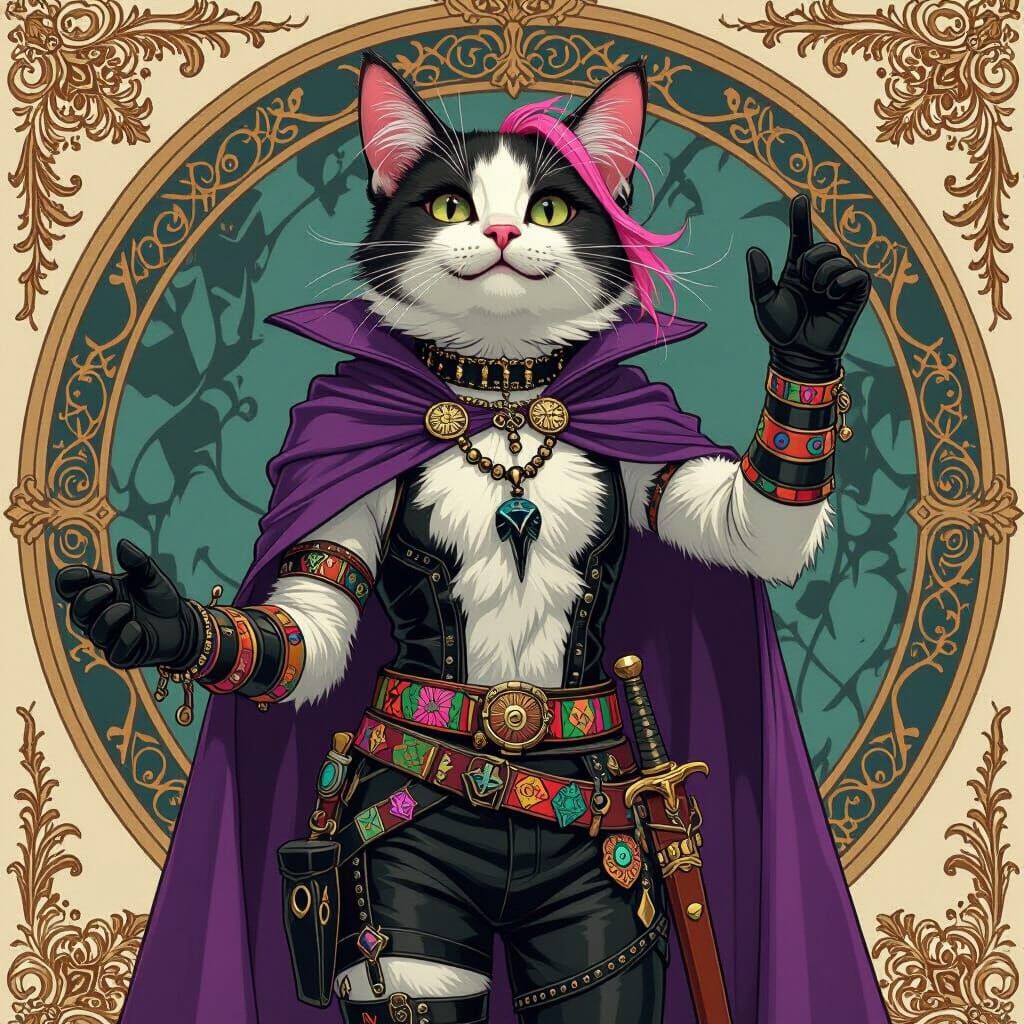 Cat-Human Hybrid at Masquerade Ball in Art Nouveau Style