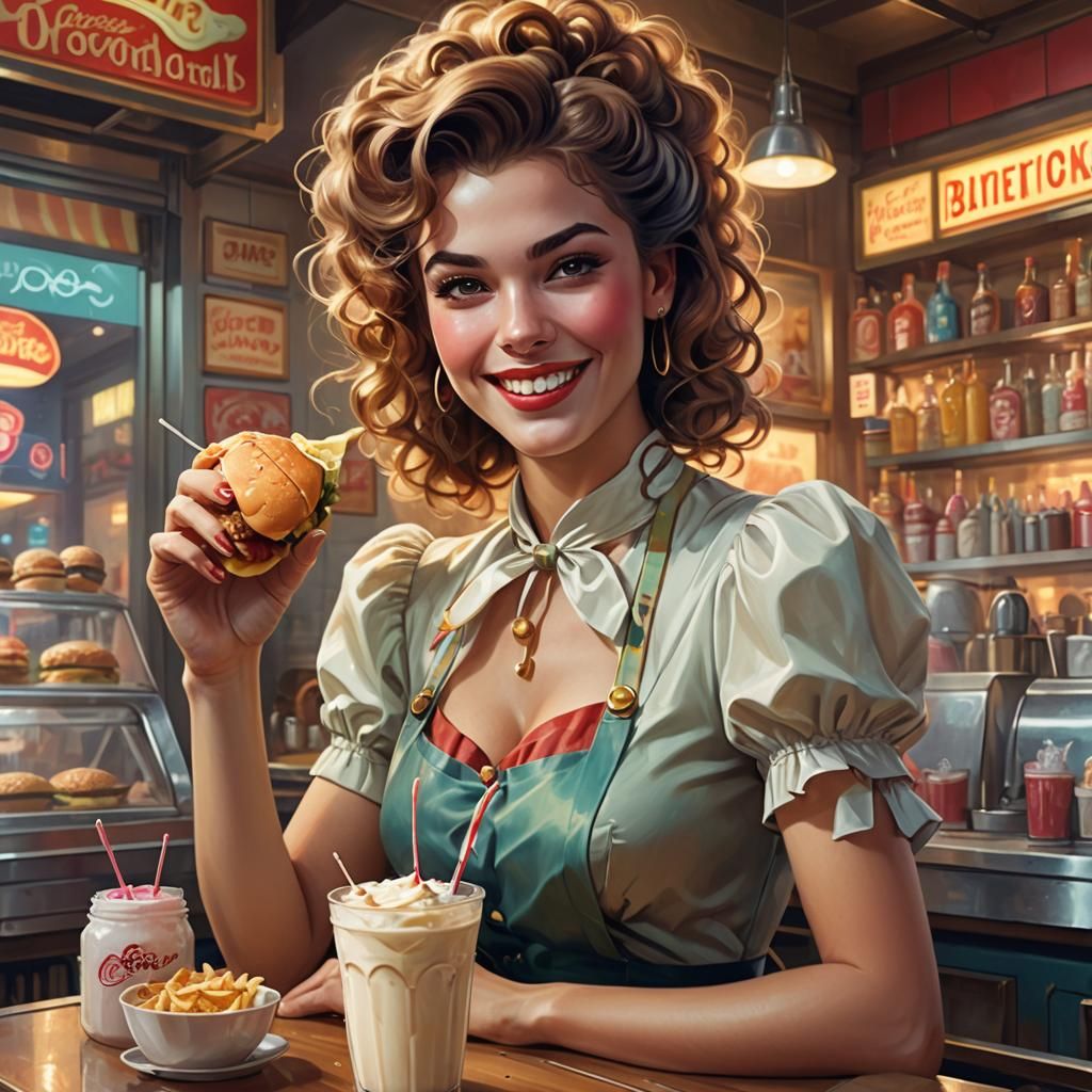 Retro Soda Shop Girl in Thunderstorm, Digital Painting