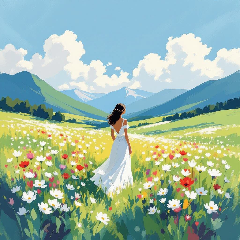 Serene Woman in Mountain Flower Field