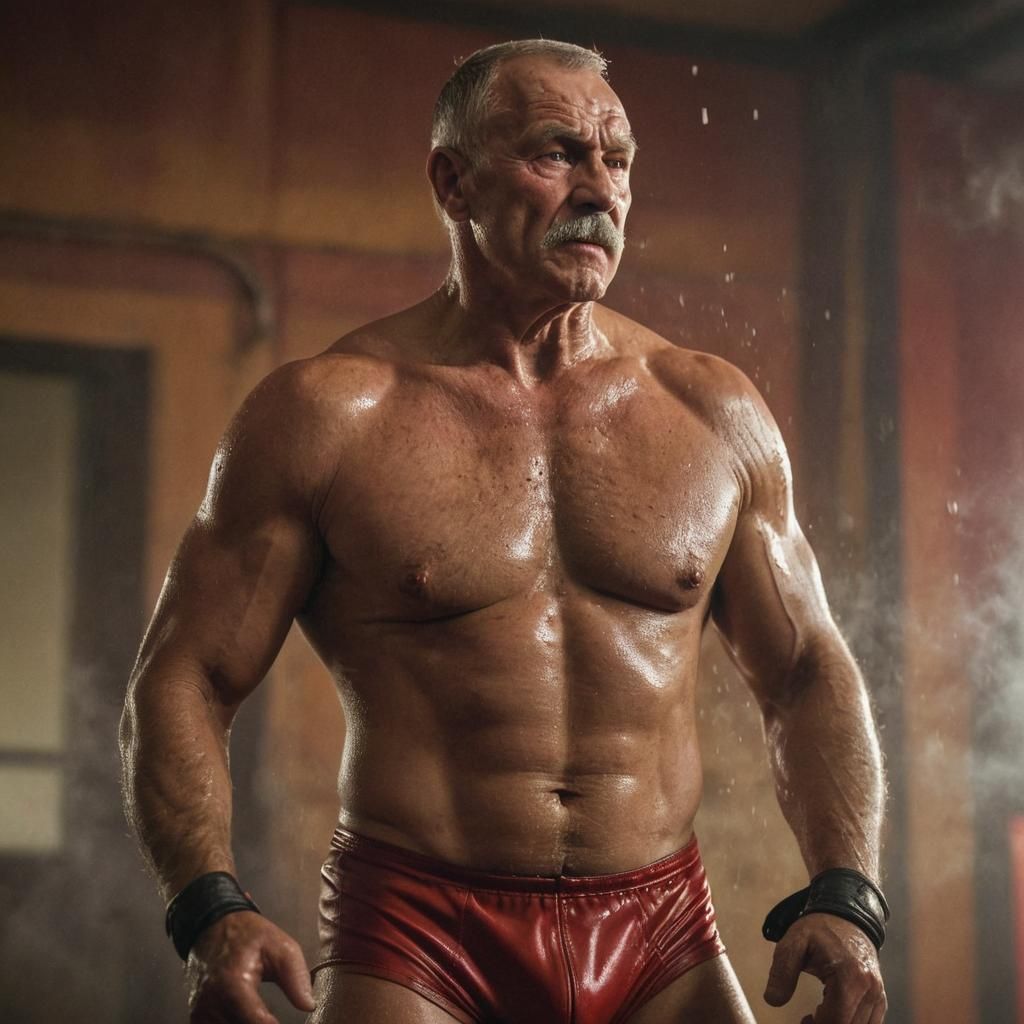 Intense Portrait of Muscled Russian Wrestler in Gym