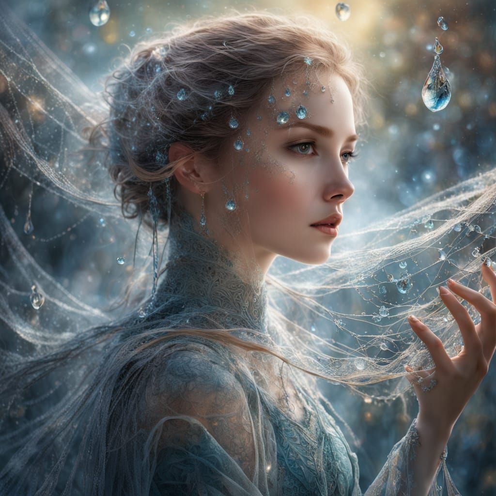 Ethereal Woman Crafted from Silk Webs and Dewdrops