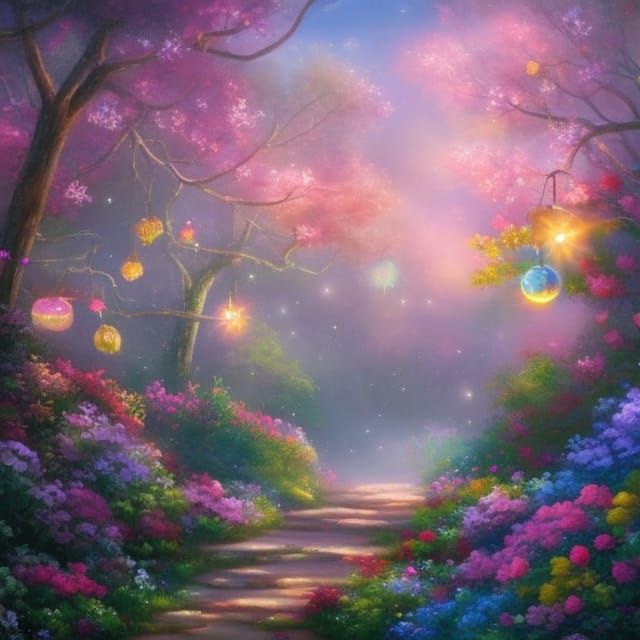 Kittens Playing with Butterflies in Fantasy Garden