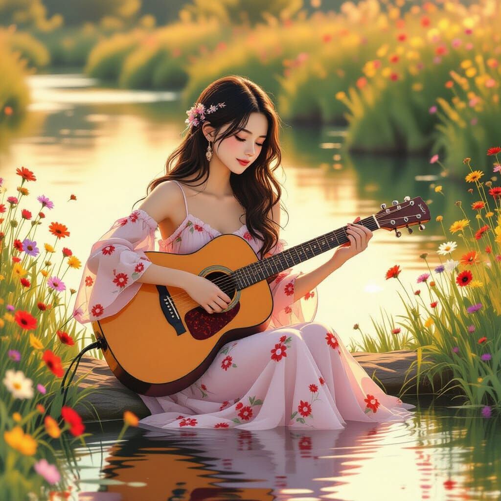 Golden Hour Serenade: Woman and River in Anime Style