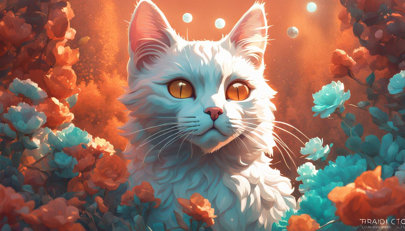 Celestial Kawaii Cat in Floral Art Nouveau Style