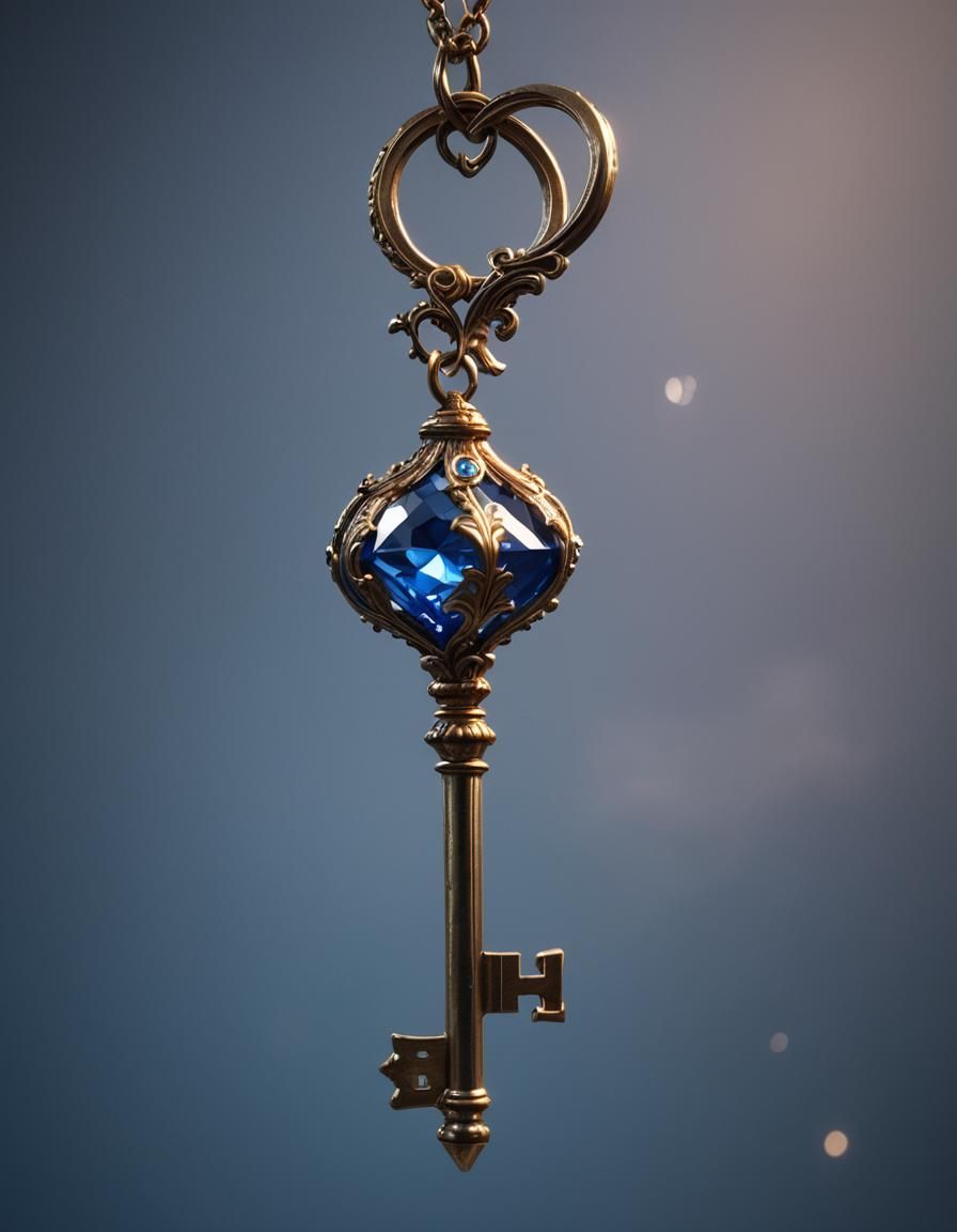 Stunningly beautiful glass crystal key hanging in front of moonlight dazzlingly sparkling blue sapphire stone hyper real...