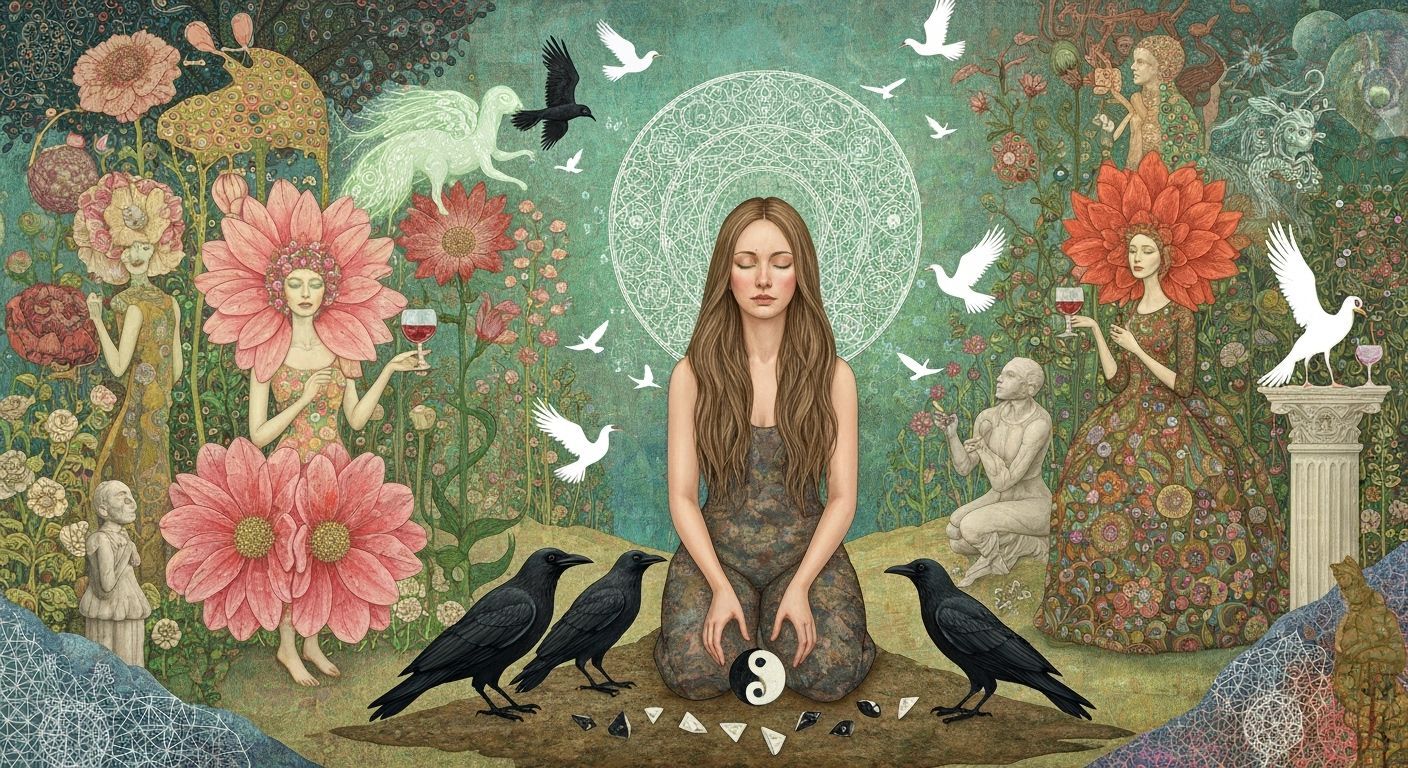 Psychedelic Woman with Crows and Ethereal Creatures