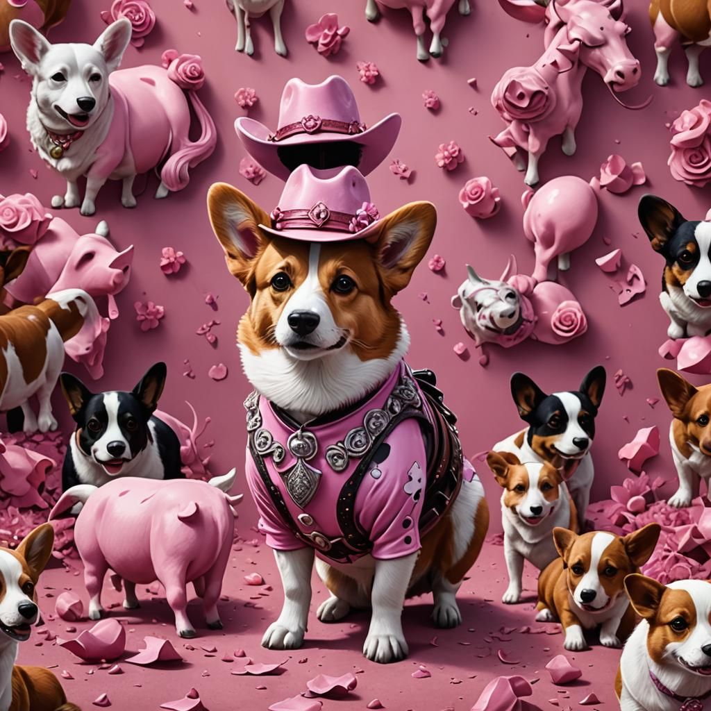 Corgi in Pink Cowgirl Outfit: Detailed Matte Painting
