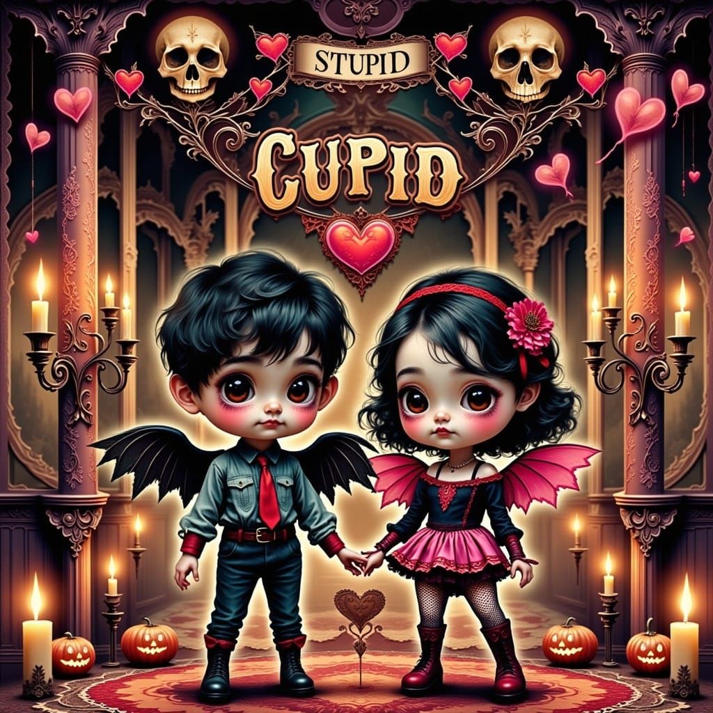 Whimsical Gothic Chibi Couple in a Haunted Mansion