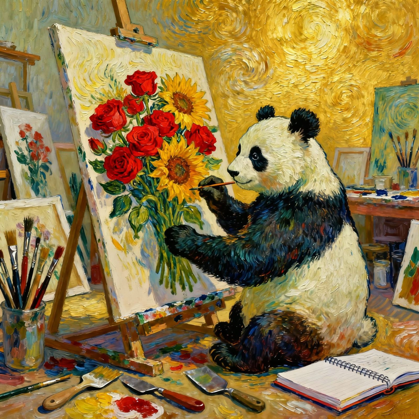 Panda Bear Painting Flowers in Van Gogh Style