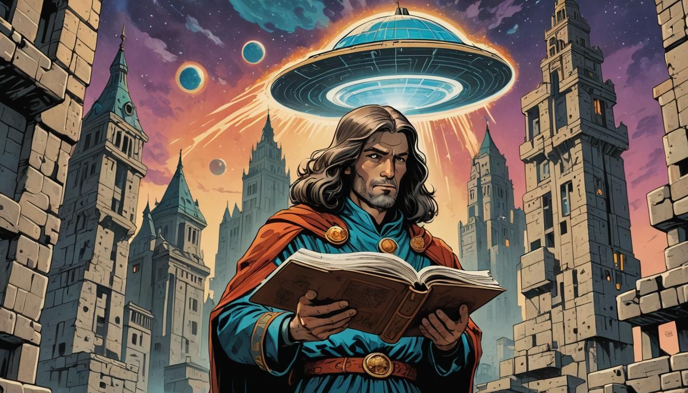 Mystic in Retro-Futuristic Comic Art Cityscape