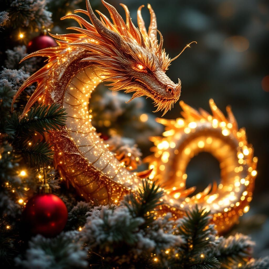 Glittering Dragon in Christmas Tree Fantasy
