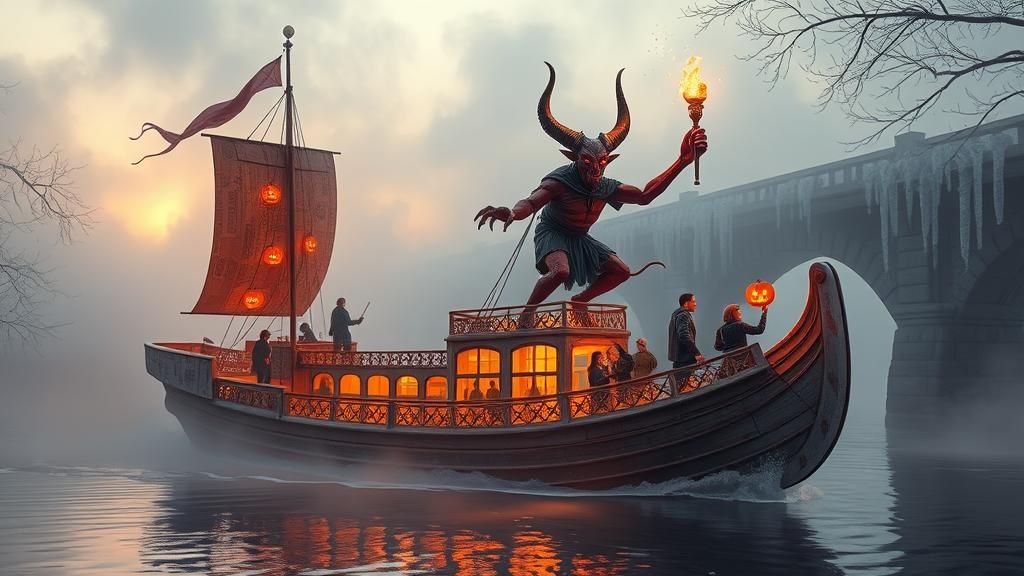 Newspaper Ship Drifting Under Icy Bridge