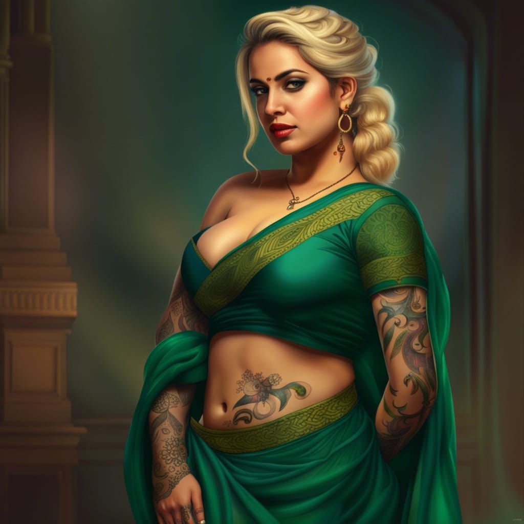 Voluptuous Woman in Emerald Saree with Gold Jewelry