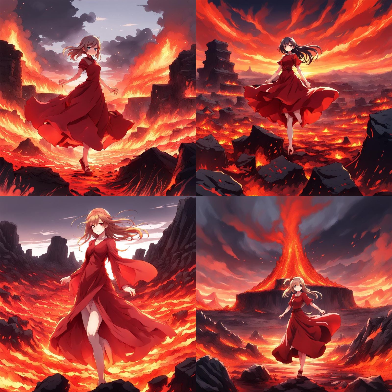 Crimson Dancer in Fiery Anime Landscape