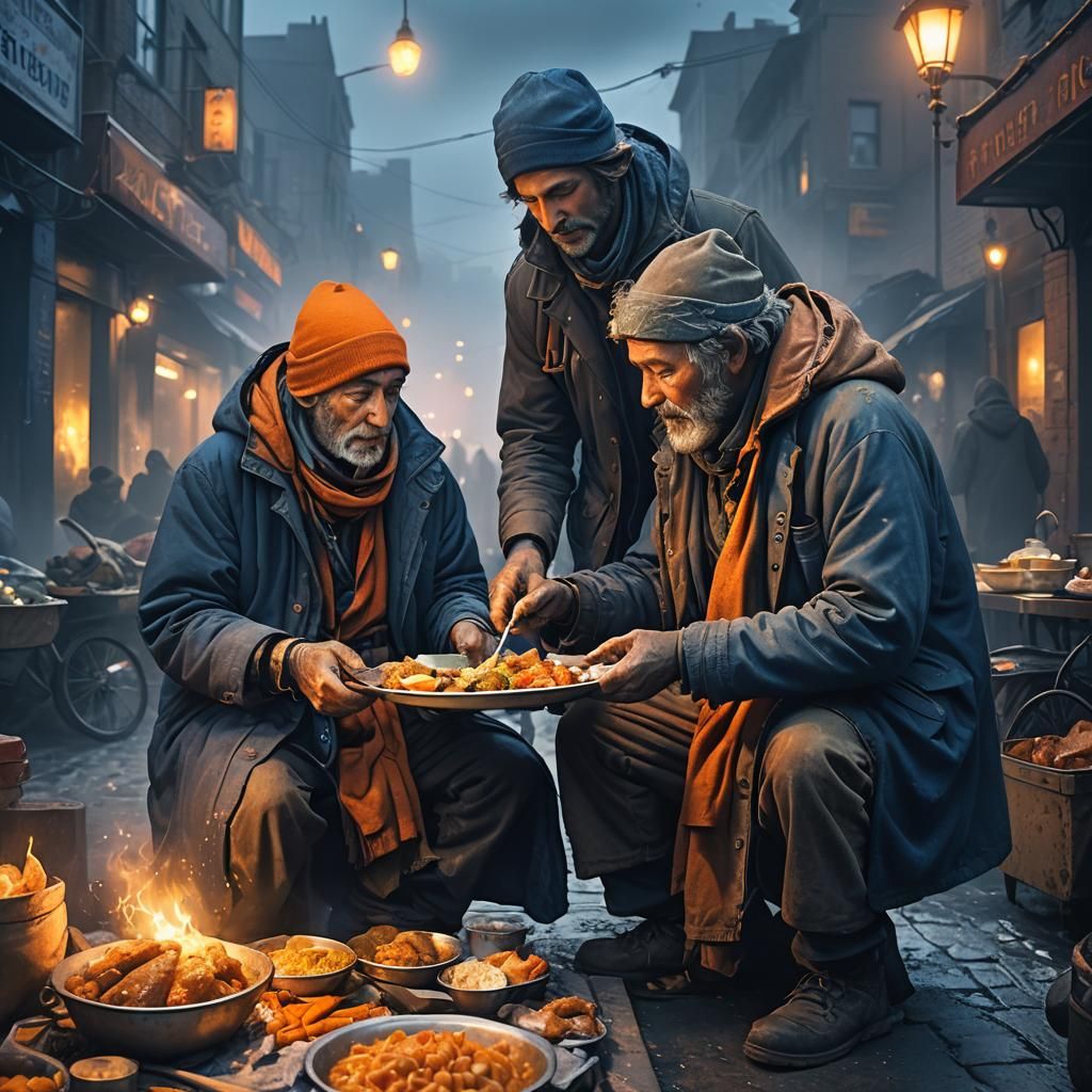 Volunteer Helping Homeless Person on Misty Night
