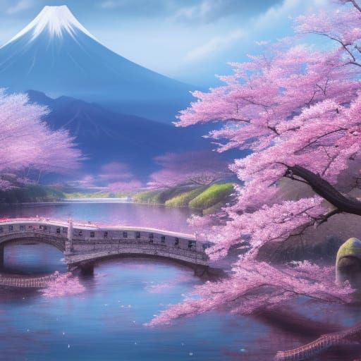 Japanese Cherry Blossom Landscape in Detailed Matte Painting