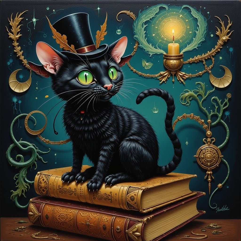 Surreal Oil Painting: Black Cat in Top Hat on Antique Books