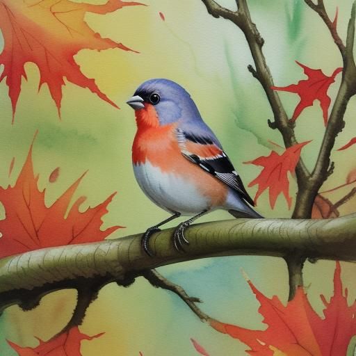 Baby Finch in Autumn Forest: Gouache Watercolor