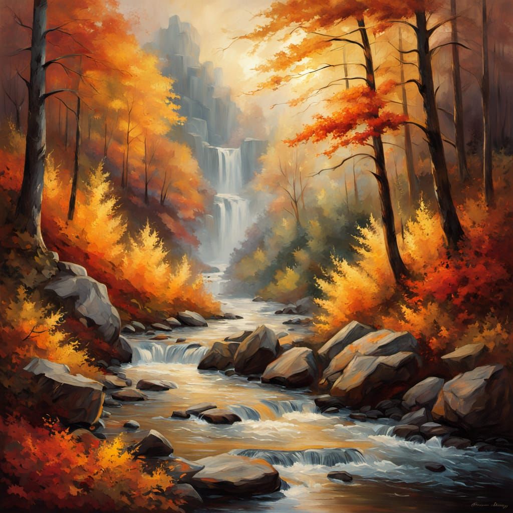 Autumn River Forest Oil Painting in Impressionistic Style