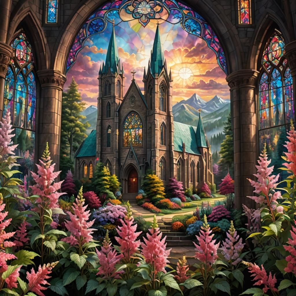 Stained Glass Church with Vibrant Astilbe Flower