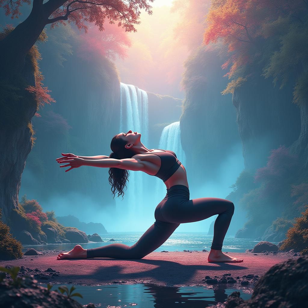 Woman in Downward Dog Pose in Fantasy Landscape