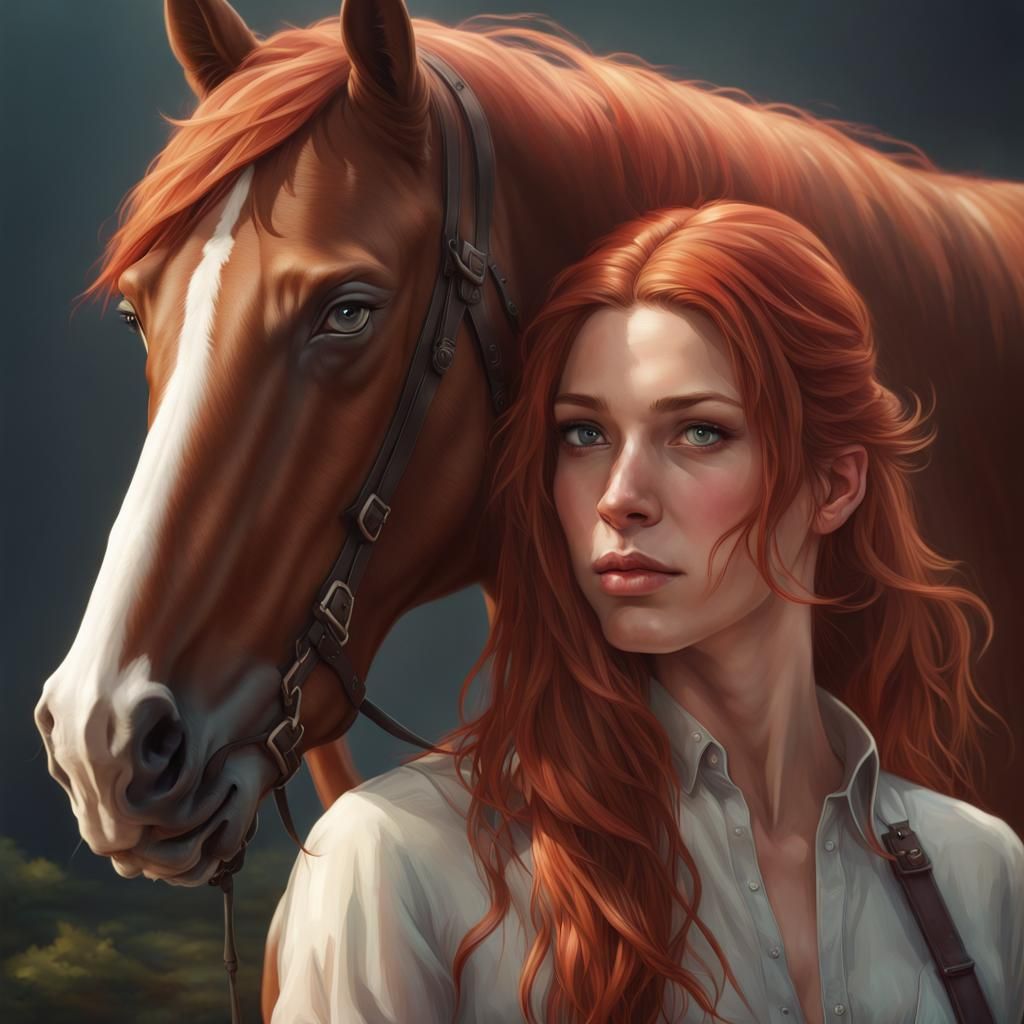 Auburn Woman and Bay Horse Portrait in Hyperdetailed Style