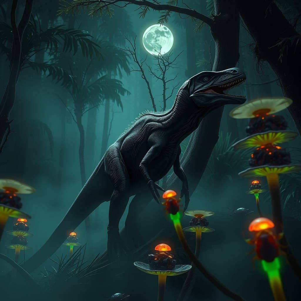 Dark Fantasy Raptor Hunts Under Neon Mushrooms in a Swirling...