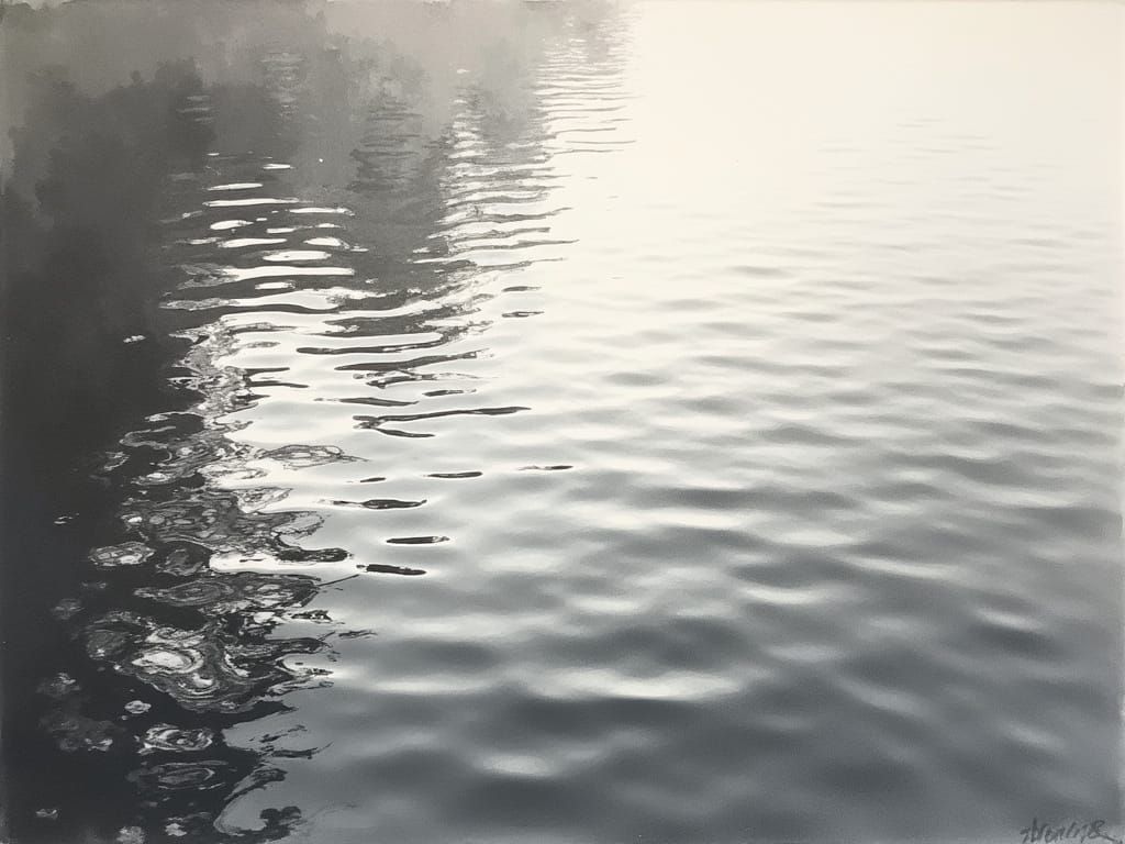 Soft Water Reflections in Traditional Japanese Sumi-E Ink St...