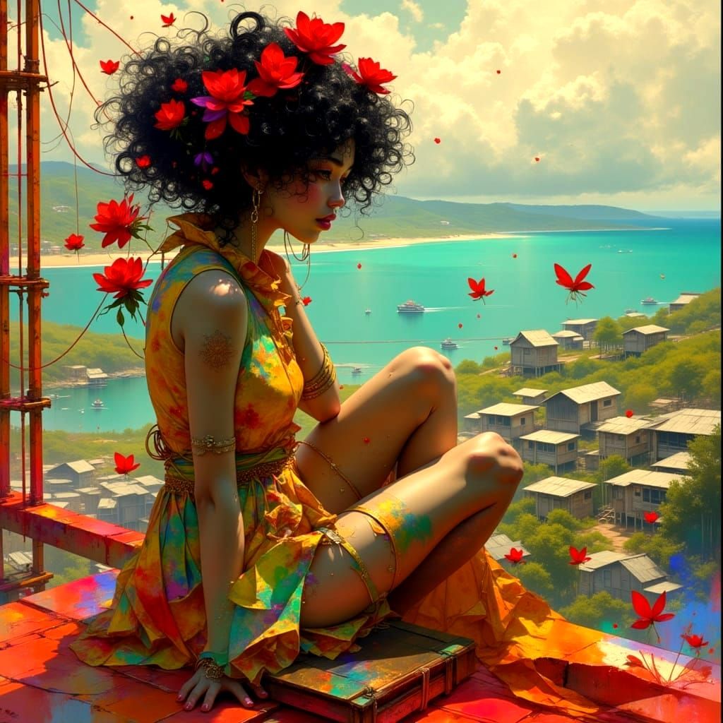 Ethereal Woman Surveys Vibrant Coastal Scene from Ferris Whe...