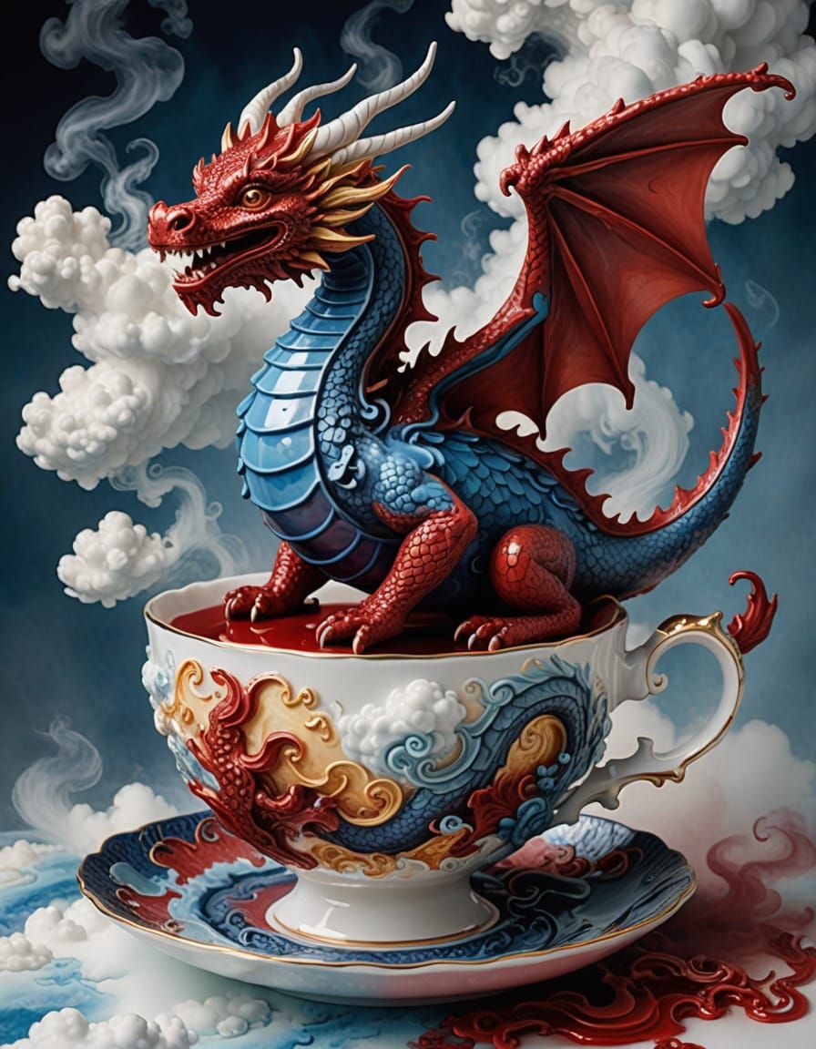 Whimsical Dragon in Teacup: Abstract Impasto Art