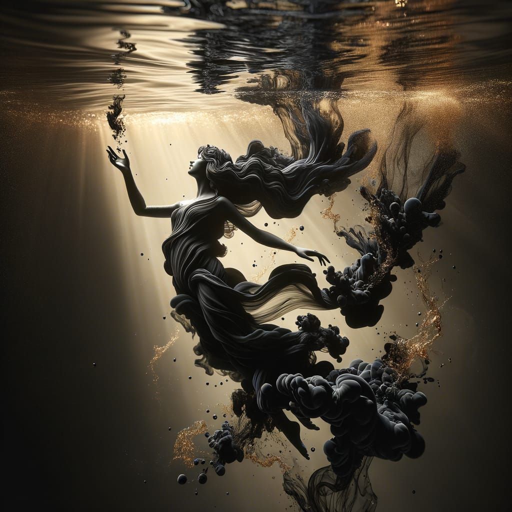 Venus Reborn in Flowing Black Ink Water