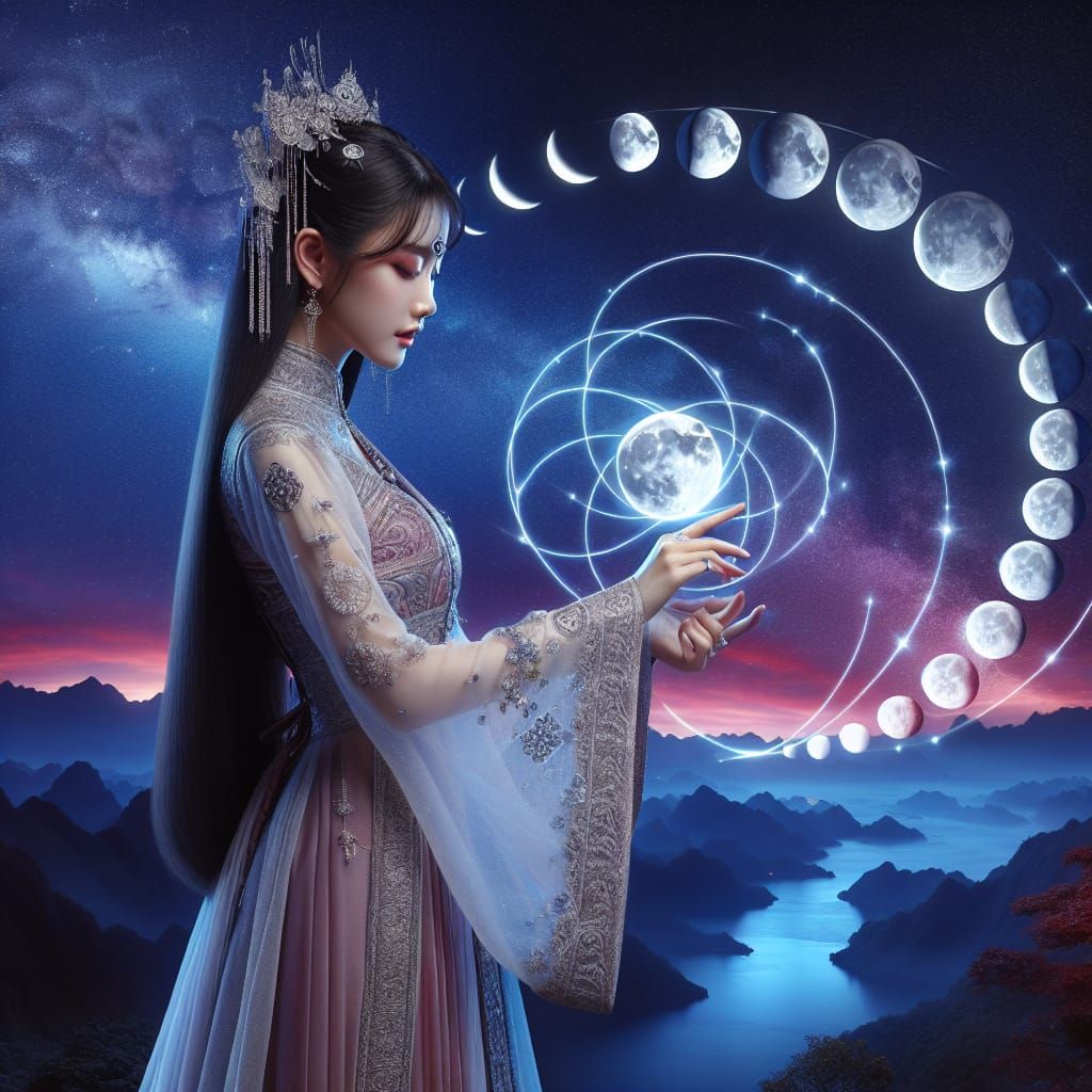 East Asian Sorceress Weaving Moon Phases in Night Sky