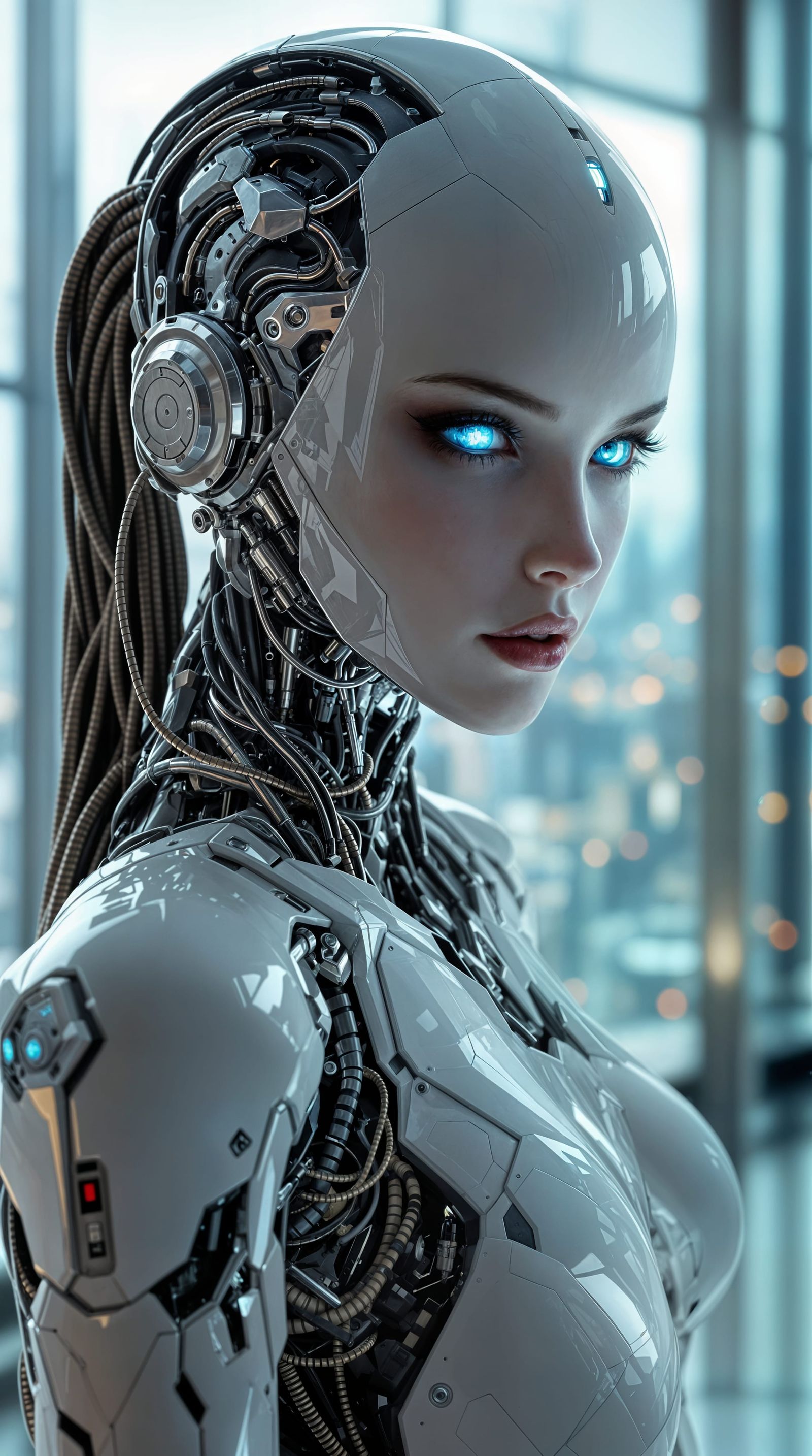 Cyberpunk CEO Robot Woman in Futuristic Office