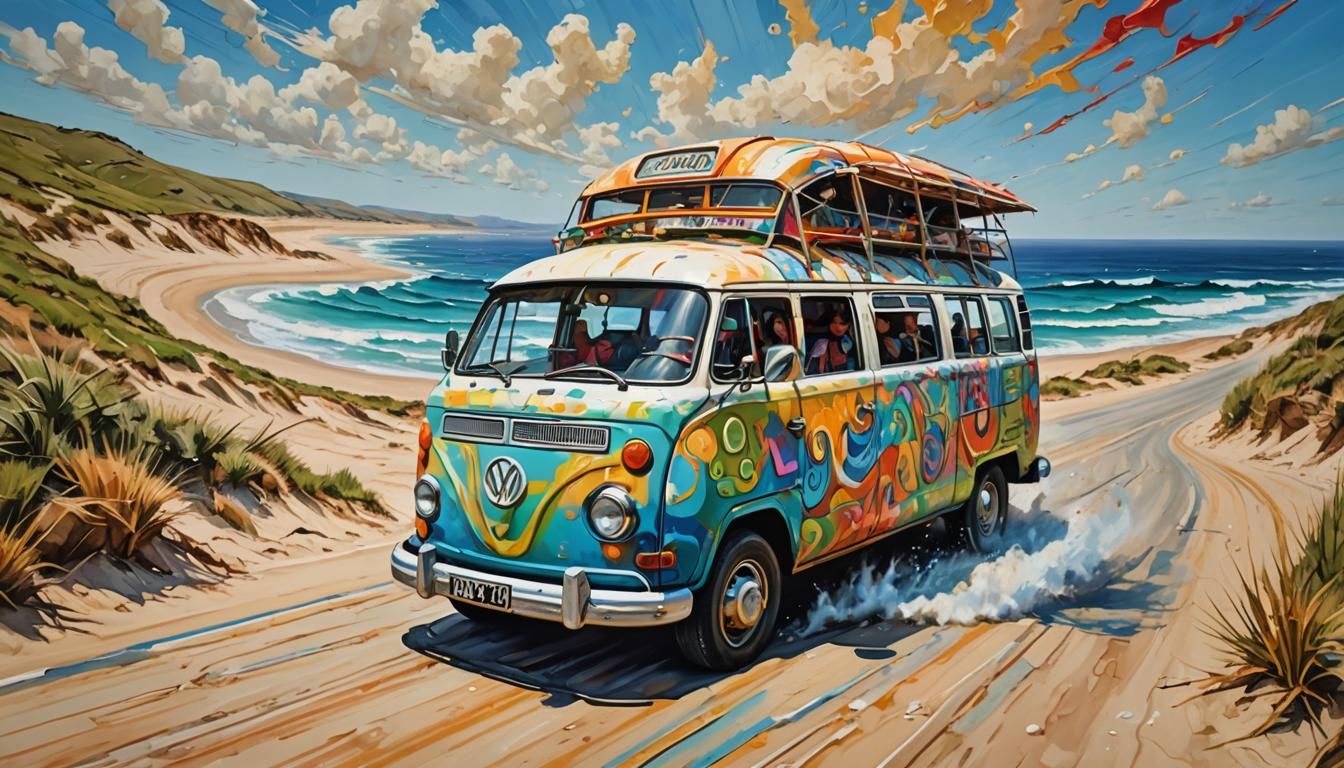 Combi Bus Interior in Vibrant Street Art Style