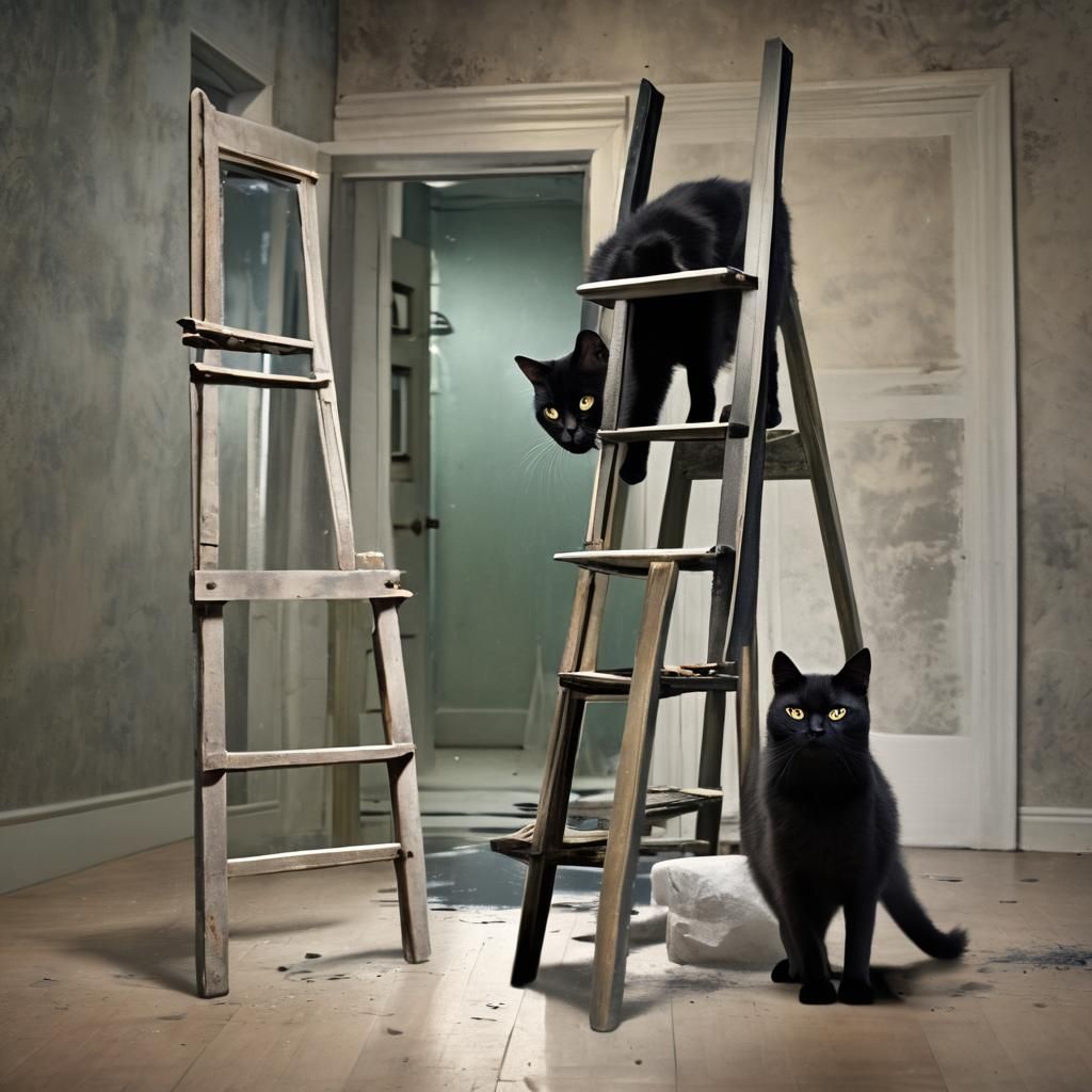 (Black cat walking under a ladder smashing a mirror on Frida...