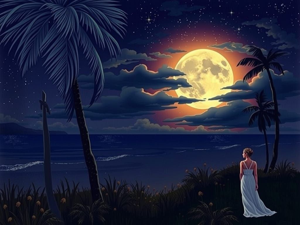 Woman Under Vibrant Full Moon in Tropical Paradise