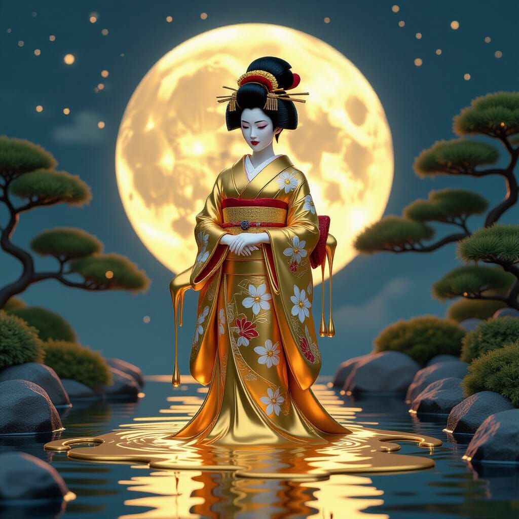 Melting Golden Geisha in Moonlit Garden: Klimt-Inspired