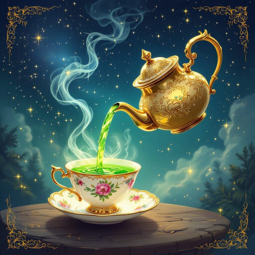 Magical Golden Teapot Pours Emerald Tea in Enchanted Night
