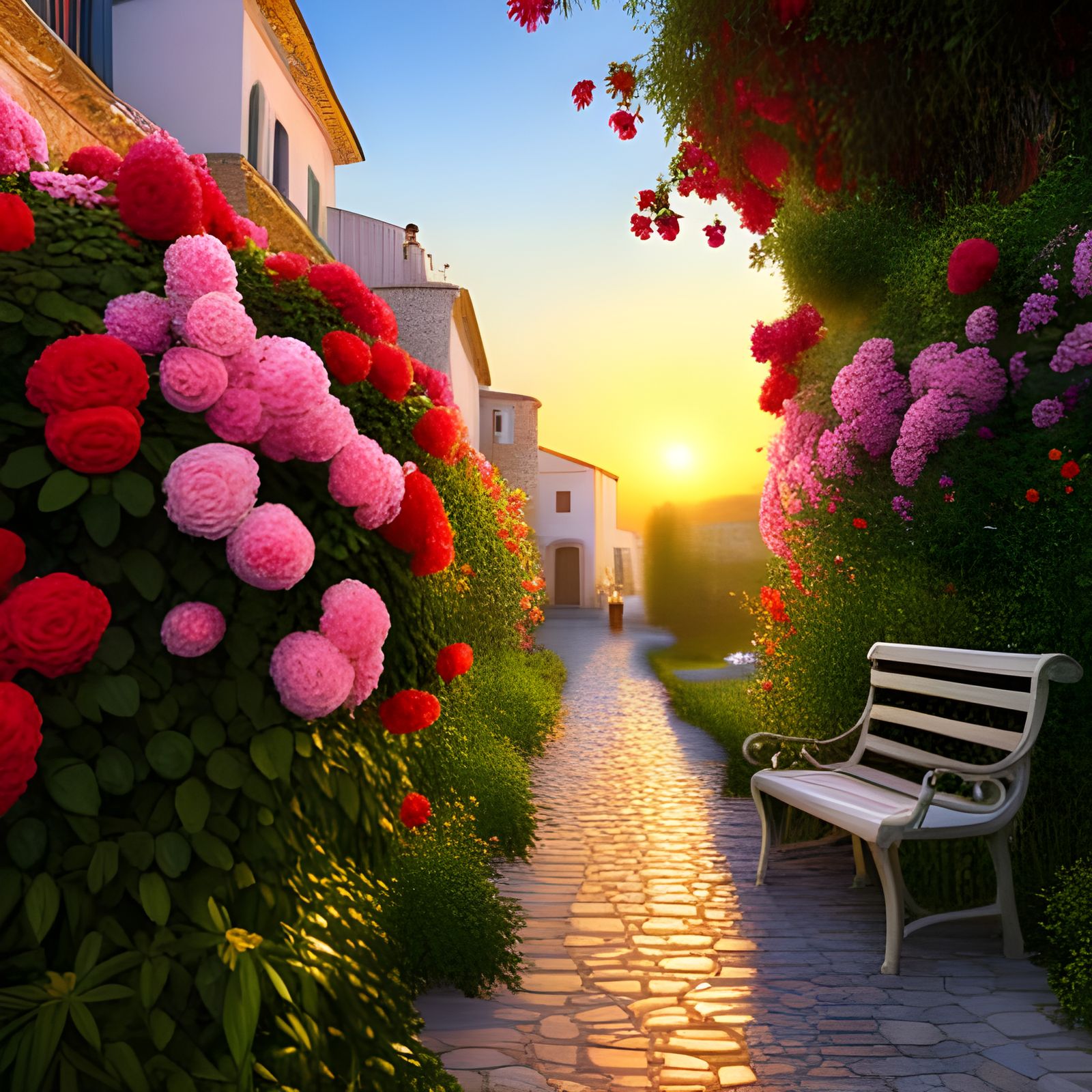 Rose Garden Sunset: A Klimt and Monet Inspired Masterpiece