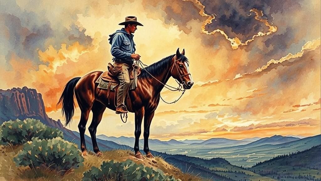 Cowboy in Mountain Meadow at Dusk Watercolor