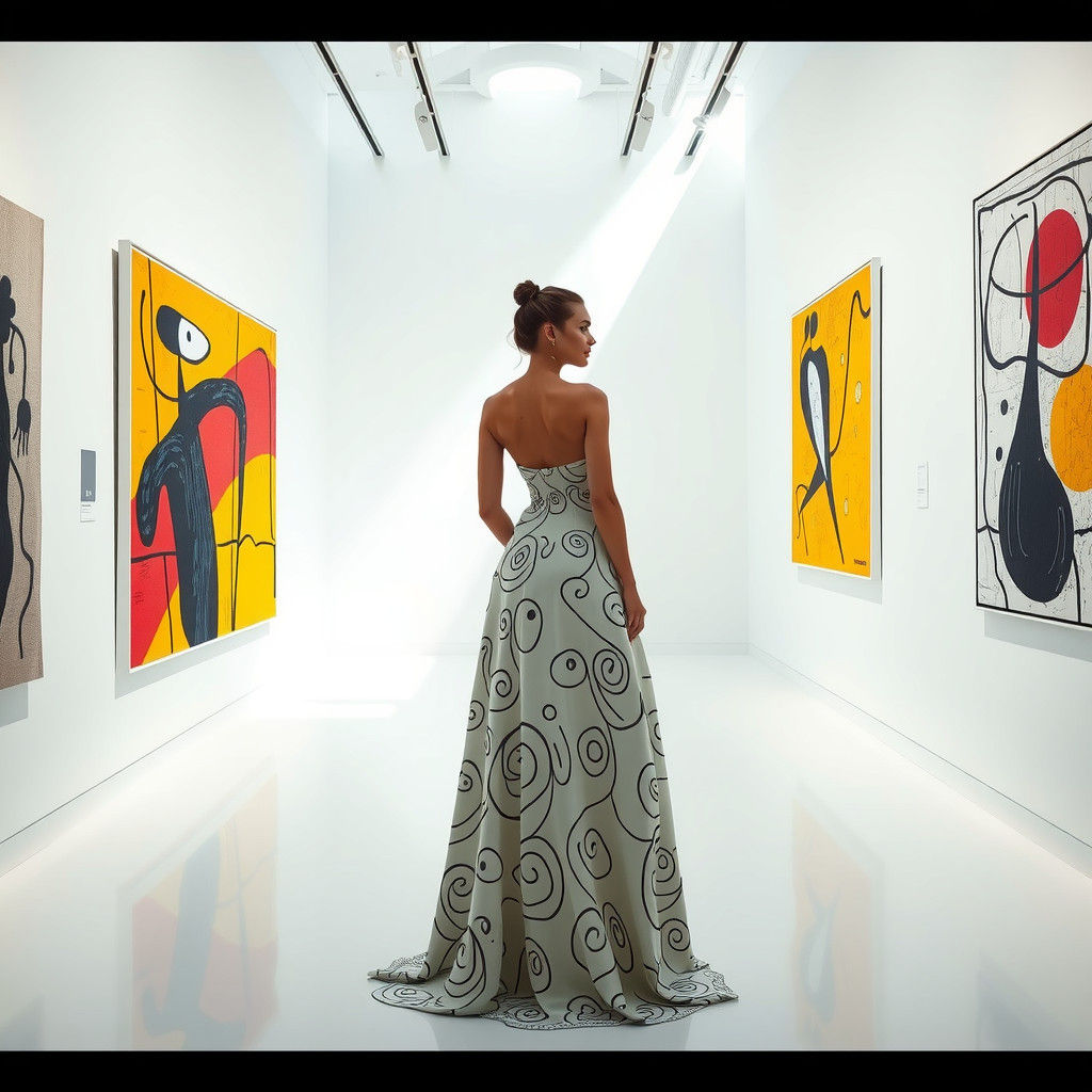 Surreal Art Gallery with Woman in Flowing Gown