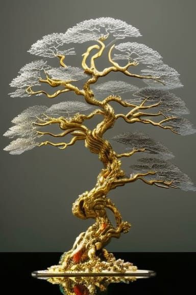 Intertwined Gold and Silver Bonsai Crystal Tree