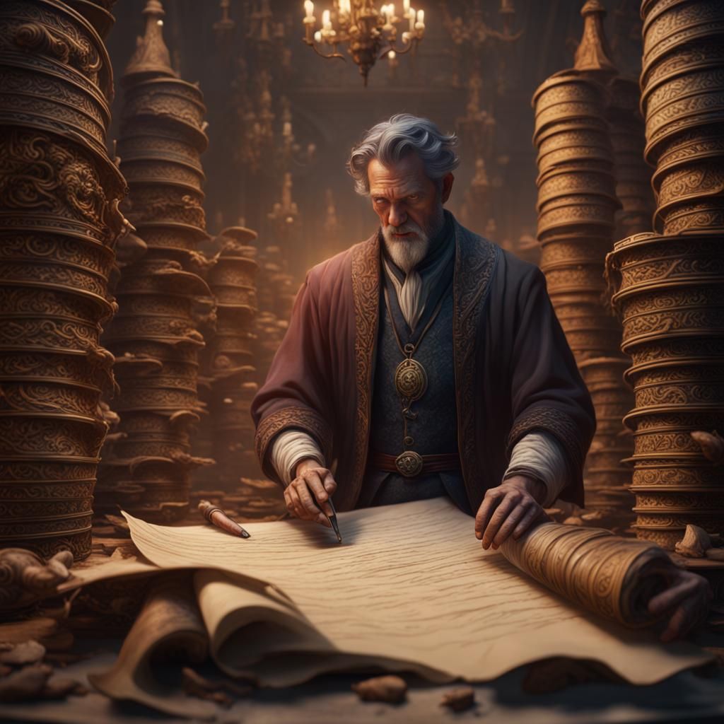 Man Overwhelmed by Ancient Scrolls: Detailed Matte Painting