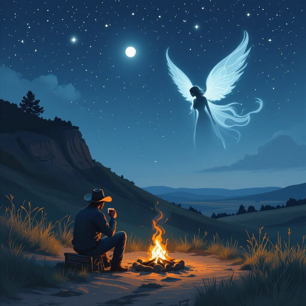 Lone Cowboy Under Starry Sky with Winged Silhouette