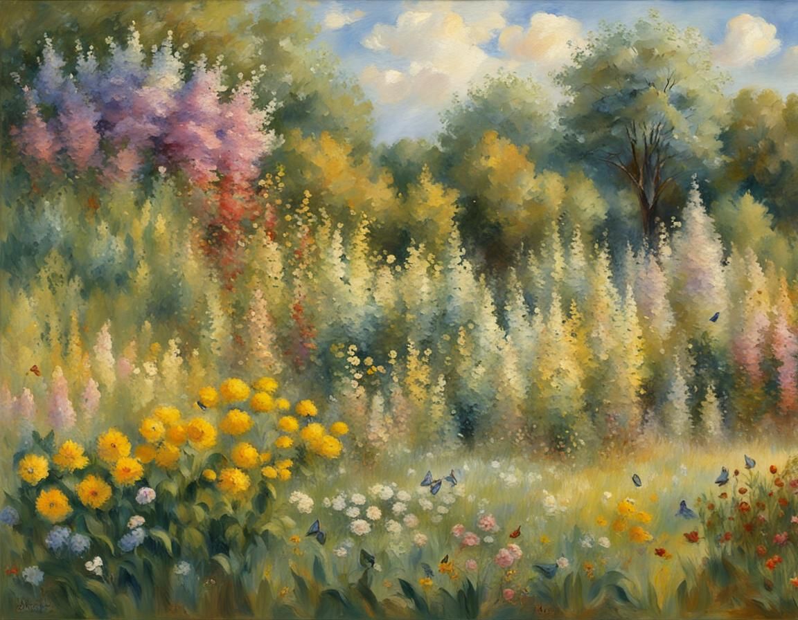 Impressionist British Garden with Birds and Butterflies