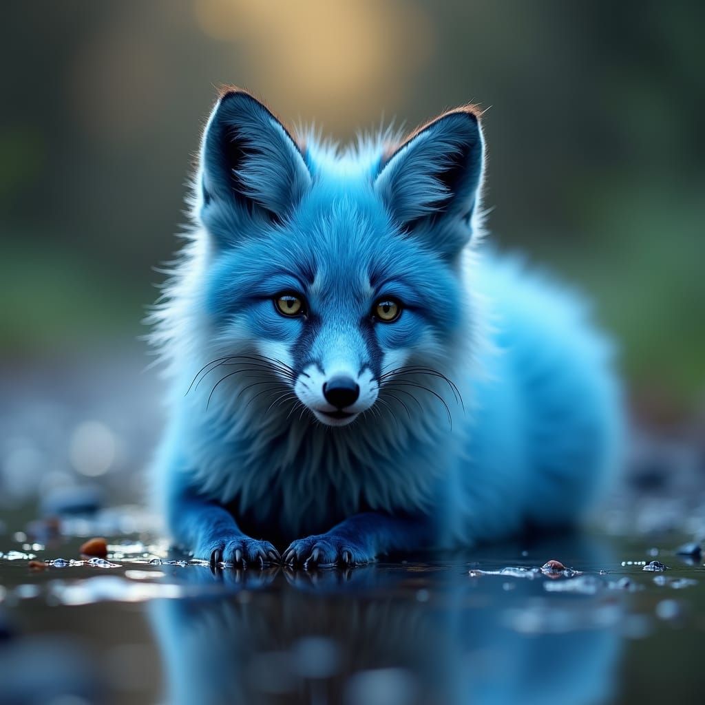 Mystical Blue Fox Reflected in Water, Bokeh