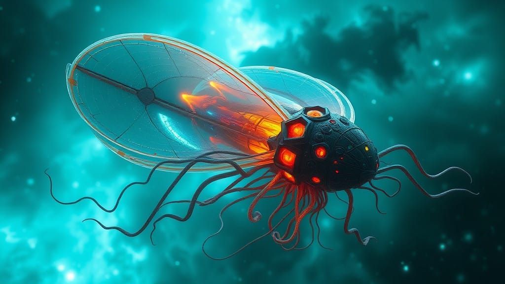 Surreal, Bioluminescent Spacecraft Drifts through Nebula