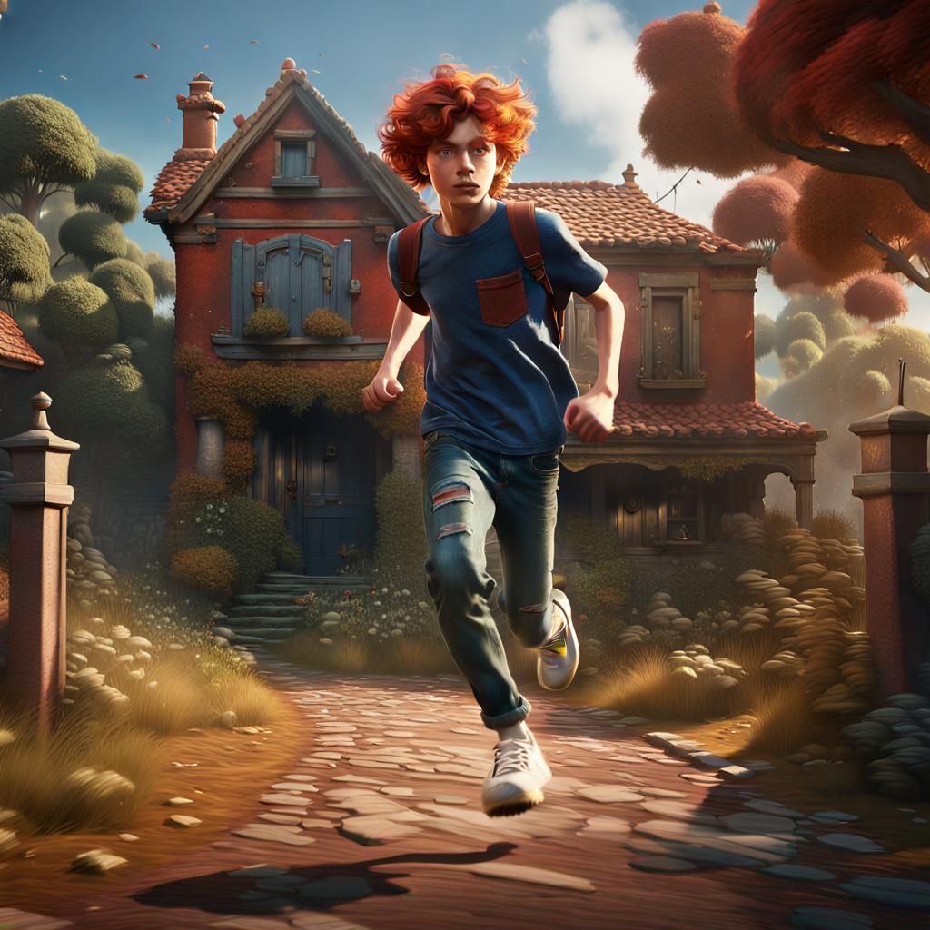 Boy with Red Hair Runs Towards House