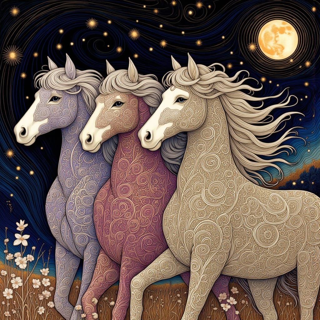 Three Horses in the Moonlight